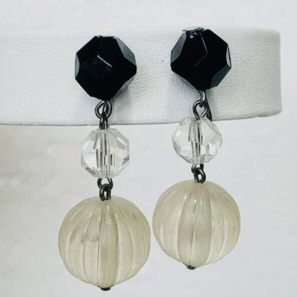 Vintage Germany Spherical Black/Clear Drop Beaded Clip On Dangle Earrings - Picture 4 of 6